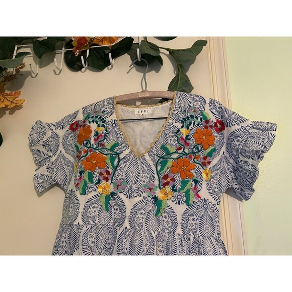 THML Dress Womens XS Blue White Embroidered Floral Ruffle Sleeve Boho Cottagecor - Picture 8 of 13